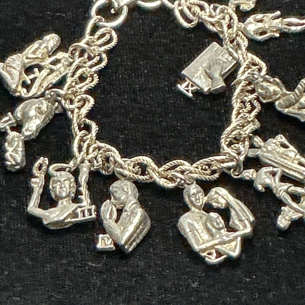 Vintage Coro Charm Bracelet Signed Silver Tone Ten Commandments 7”